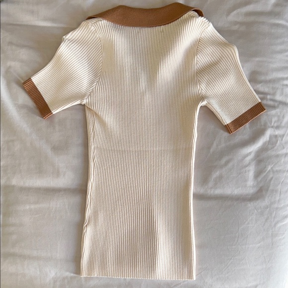 Women's Cream and Tan Ribbed Polo Top - Picture 2 of 3